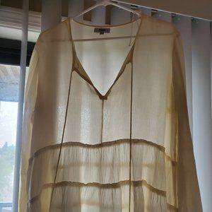 Cream Boho Blouse with Button Sleeves and Tassels